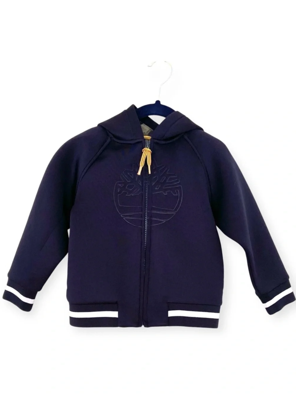 Timberland Kids Navy Blue Scuba Neoprene Zip Hoodie Embossed Logo, Boy’s Size 4